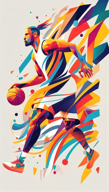 Generative AI による明るい幾何学的な抽象化スタイルのバスケットボール選手