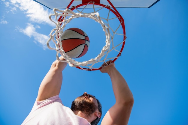 Basketball player throws the ball into the hoop outdoor,\
targeting.