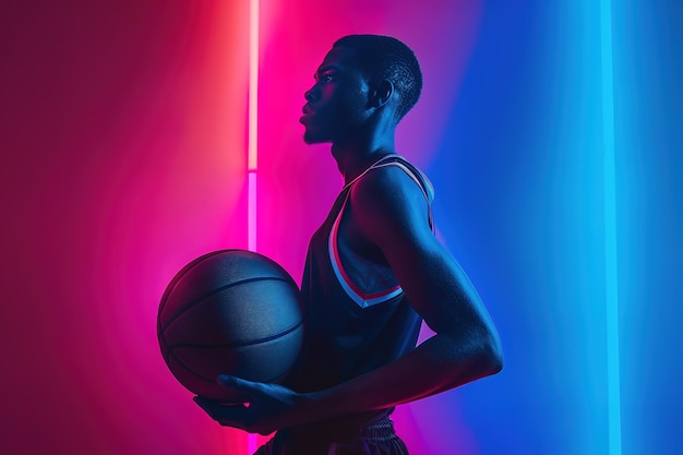 Photo a basketball player with a ball in a neonlit environment