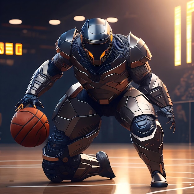 A basketball player with a helmet and armour on