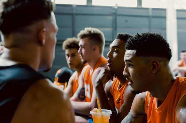 Photo basketball players reviewing strategy on sideline with sport drinks