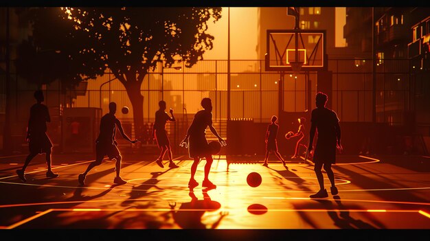 Photo basketball players in an urban setting the warm colors of the sunset add to the excitement of the game