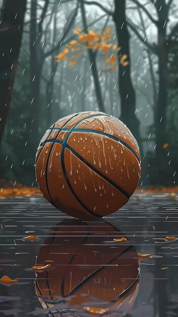 a basketball in the rain with a blurry background