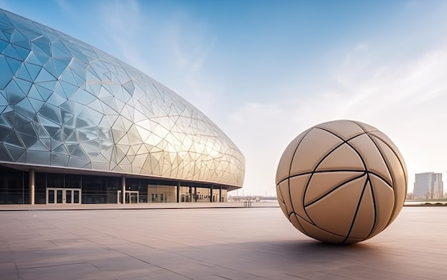 A basketball sits in front of a modern building.