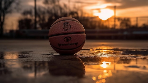 A basketball sits on a wet ground in front of a sunset.