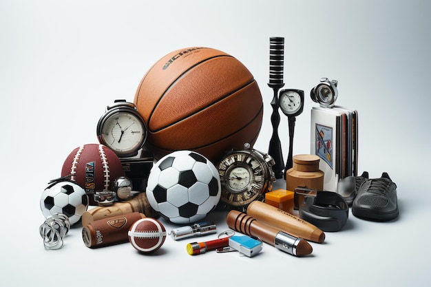Баскетбол, футбол, баскетбол, футбол и другое спортивное оборудование на белом фоне