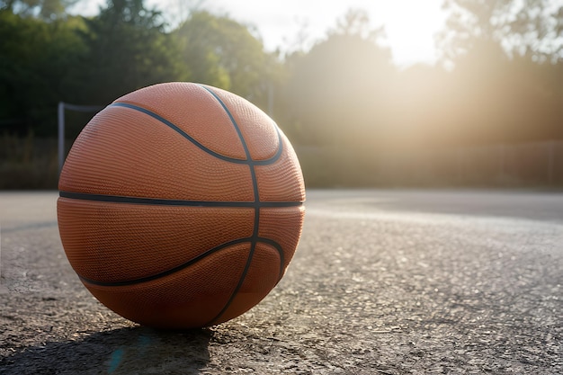 Photo basketball on sunny outdoor court ready for game action