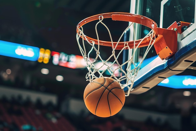 Photo basketball swishes through the hoop in an indoor arena setting