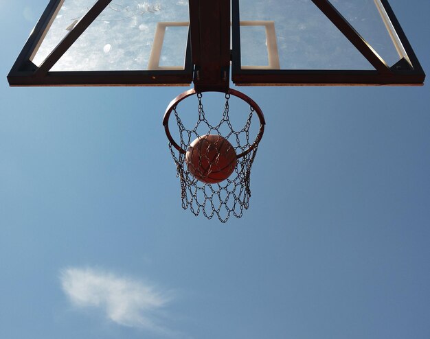 Basketball swishes through the hoop looking from below