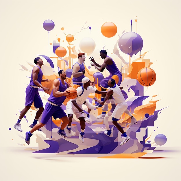 사진 농구 팀 남자 우승 순간 평평한 디자인  ⁇ 터 일러스트레이션