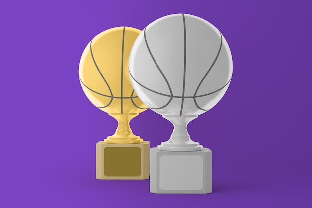 Photo basketball trophies front side isolated in purple background