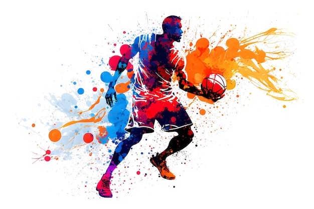 白い背景にボールを持ったアクションのバスケットボール水彩スプラッシュプレーヤーニューラルネットワーク生成アート