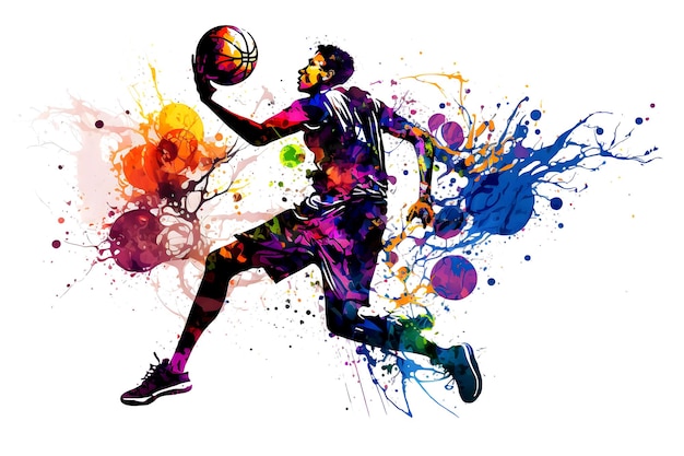 Basketball watercolor splash player in action with a ball isolated on white background Neural network generated art