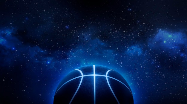 basketball with bright blue glowing neon lines floating in the Planet view from space