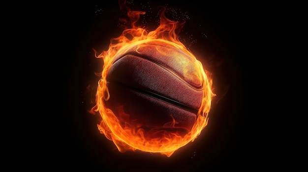 A basketball with a flame on it is burning in the air.