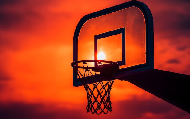 Basketbalring met daarachter de ondergaande zon