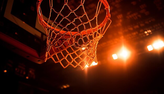 Basketbalring verlicht in het donker met bal gegenereerd door AI