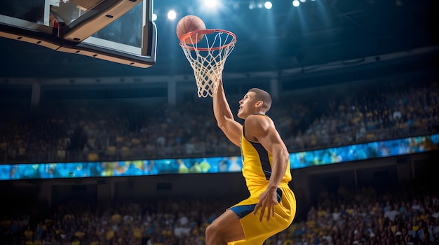 Basketbalspeler die een slam dunk maakt in een volgepakte arena