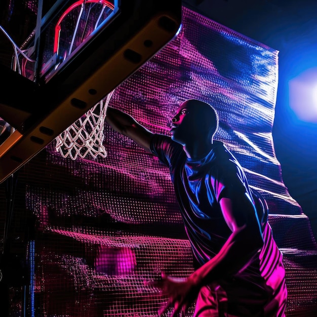 Basketbalspeler in actie op het basketbalveld 's nachts met neonlichten