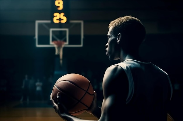 Basketbalspeler kijkt hoepel in het donker