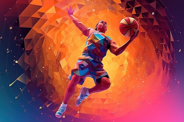 Basketbalspeler slam dunk in een warp galaxy energie laag poly stijl illustratie generatieve ai