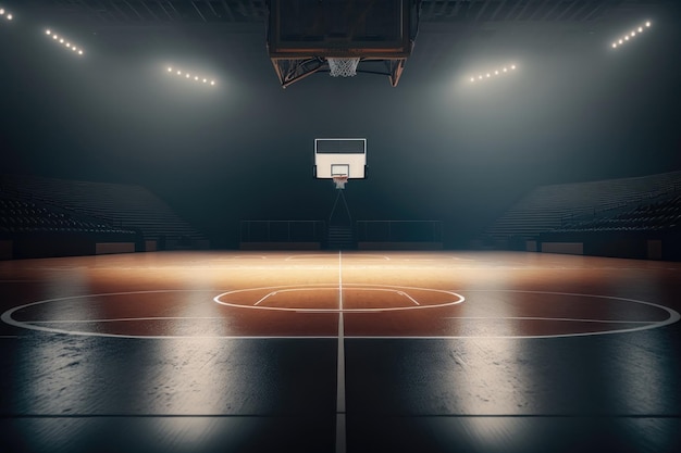 Basketbalsportarena Binnenaanzicht op houten vloer van basketbalveld AI Generation