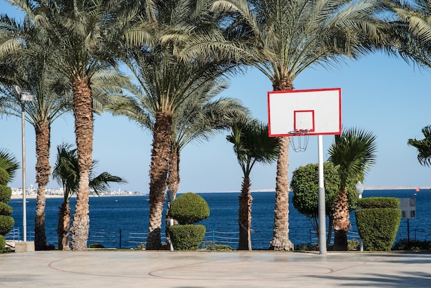 Basketbalveld bij de palmbomen aan zee