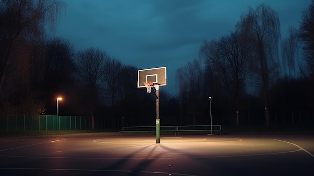 Basketbalveld in het donker met een lampje aan de achterkant