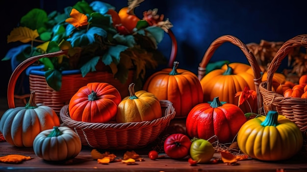 Baskets filled with an assortment of pumpkins