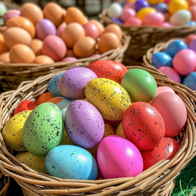 Foto cesti pieni di uova colorate in abbondanza