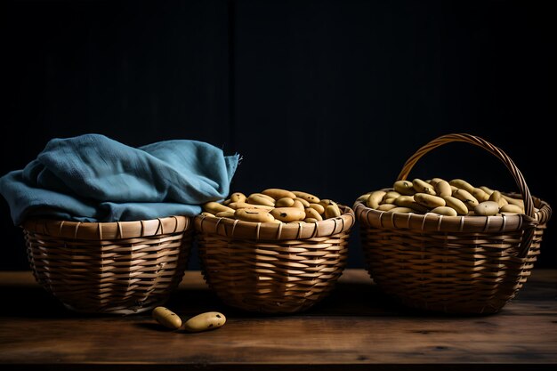 Photo baskets holding beans on wooden table