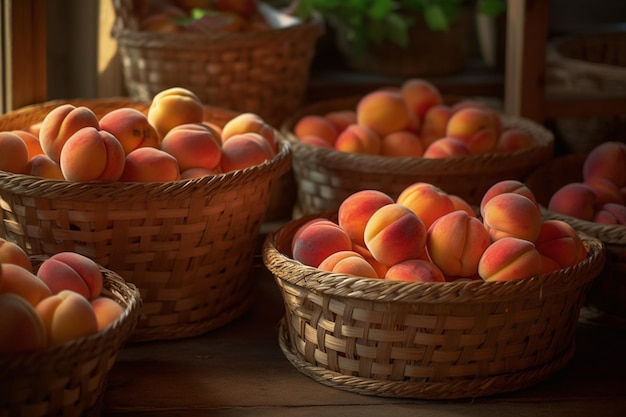 Baskets of peaches are sitting on a table in a sunlit room generative ai