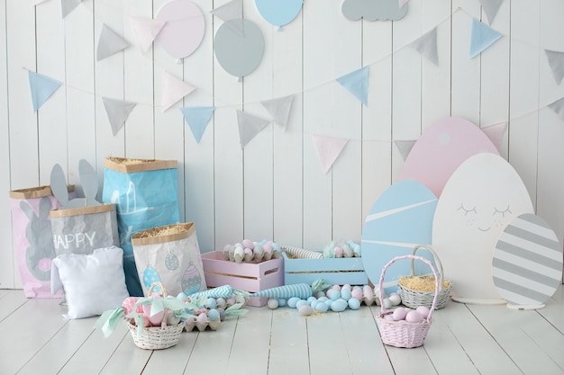 baskets with easter eggs and carrots spring home decoration interior childrens room