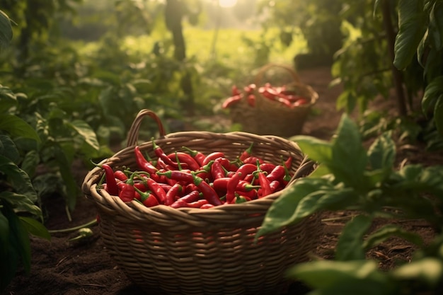 Baskets with hot pepper in the garden 1