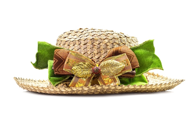 Basketwork hat with bow isolated on white