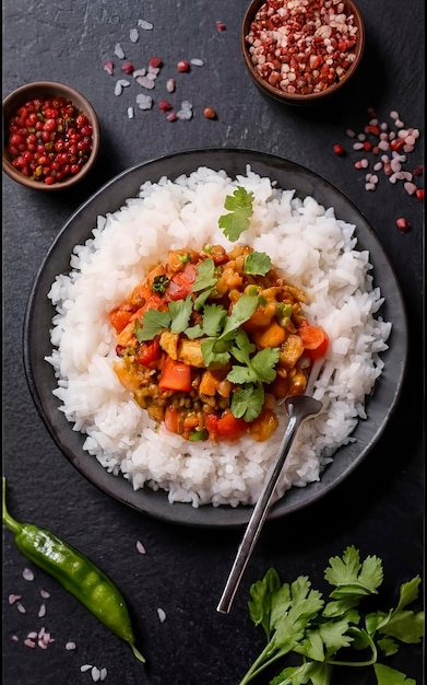 Basmati rice with curry from vegetables and lentils Healthy spicy vegan food