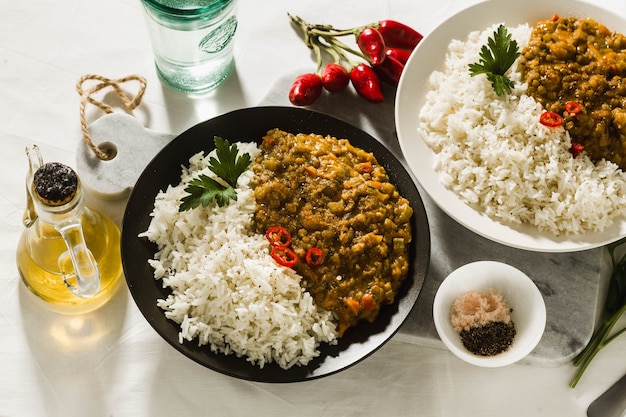 Basmati rice with curry from vegetables and lentils