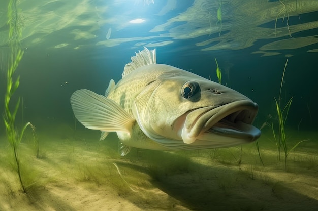 Foto pesce spigola nell'acqua generativo ai