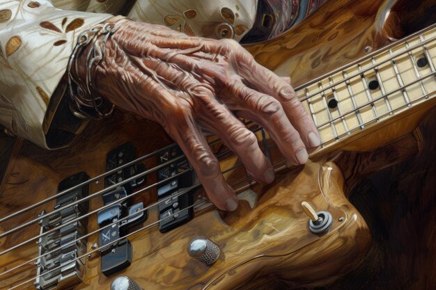 Bass guitar player or guitarist playing music instrument focus on hand