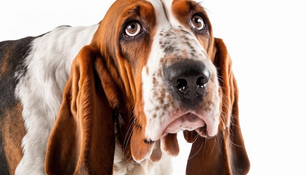 A basset hound dog with a white background