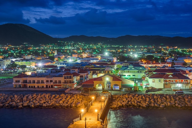 Basseterre st kitts and nevis town skyline at the port at night