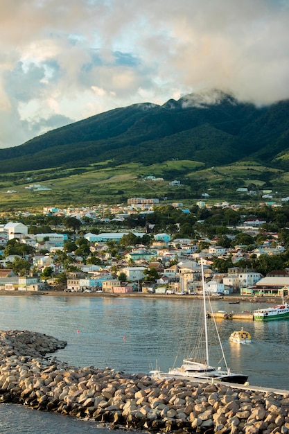 Basseterre St Kitts with Mt Liamuiga volcano in the background at sunset