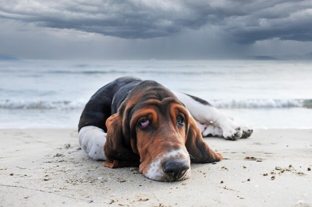 Bassethound op het strand.