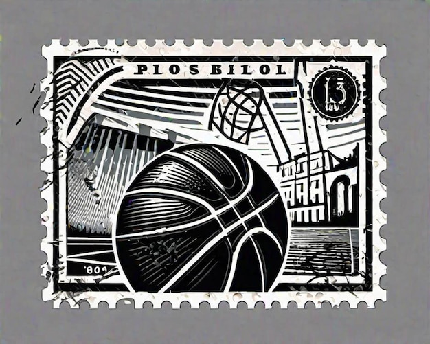 Photo bassketball monochrome hoops linocut stamp art