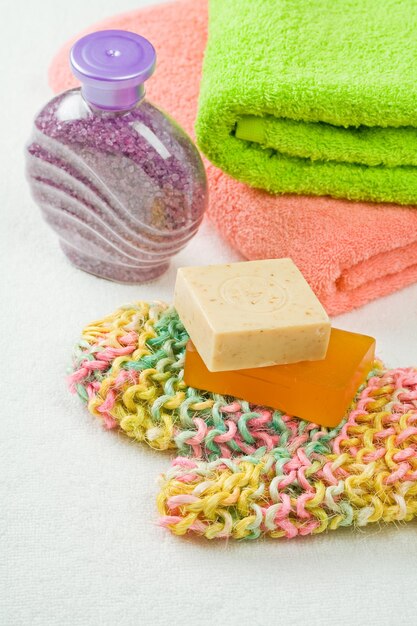 Bast soap salt and towels