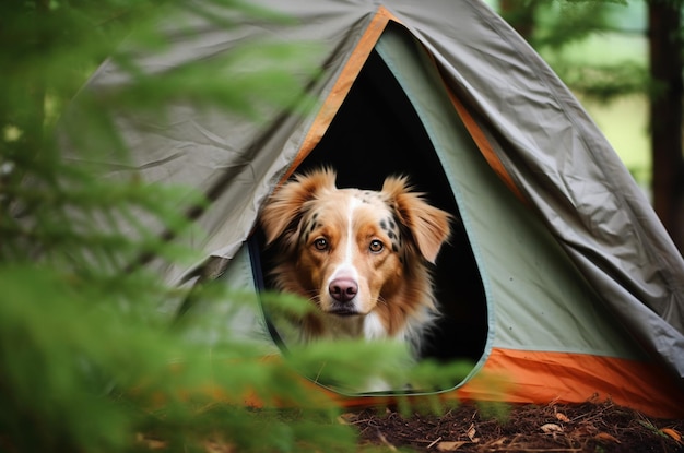 Bastaardhond in een tent op een wandeling Generatieve AI