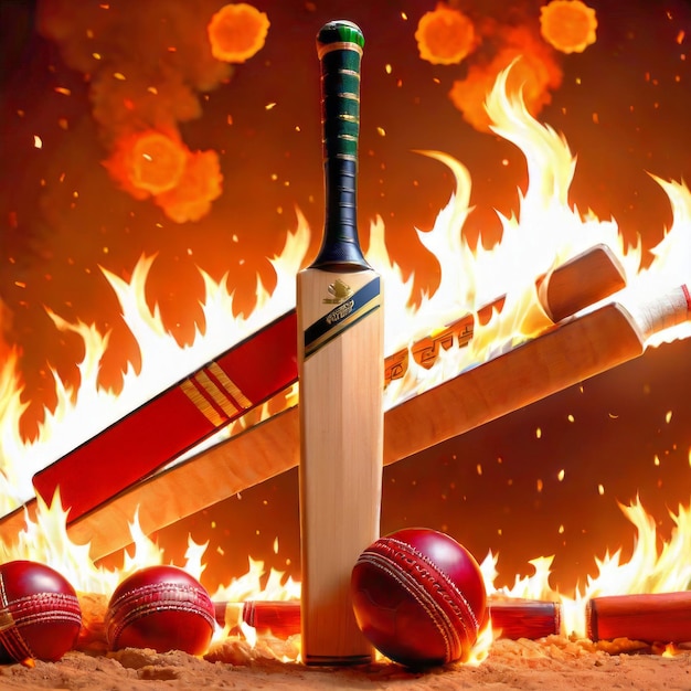 Bat and ball with flame stadium with fire cricket world cup t20 icc