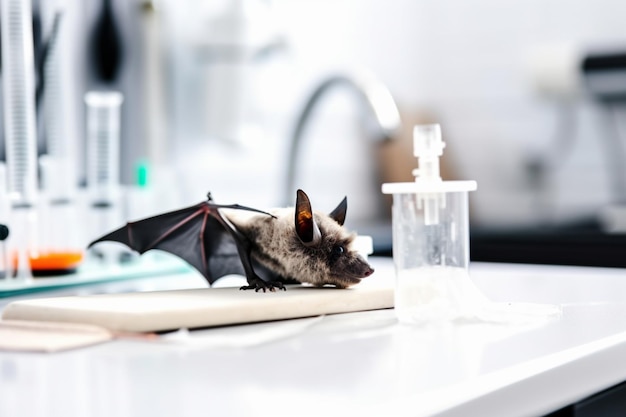 Bat closeup in the laboratory on the table in Wuhan China Generative ai