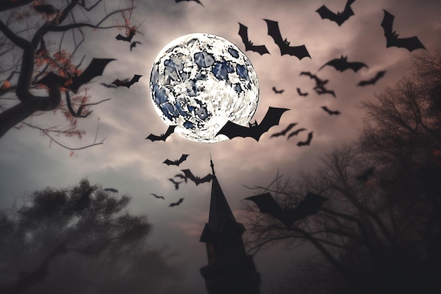 A bat flying over a spooky castle with a moon in the background.