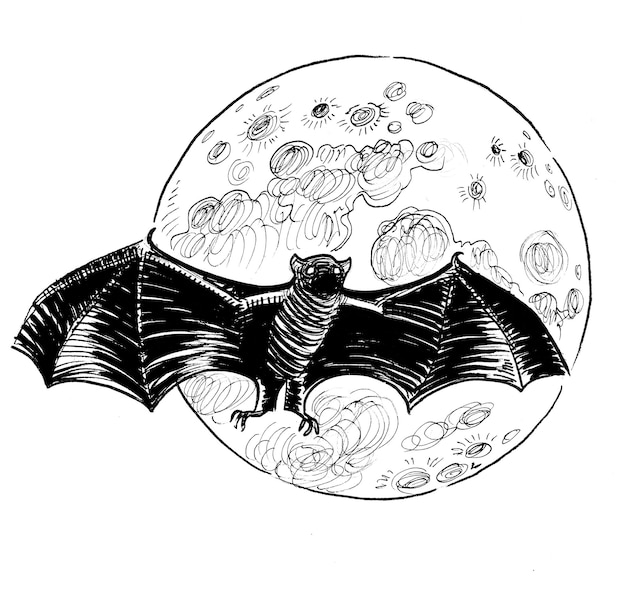 A bat is flying in front of the moon.